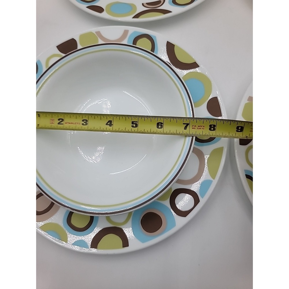 8pc Corelle Vitrelle ROLA 10-3/4" Dinner Plates Bowls Green Brown Blue Circles - Picture 5 of 11